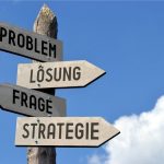 Wegweiser mit Pfeilen Richtung Problem, Lösung, Frage, Strategie